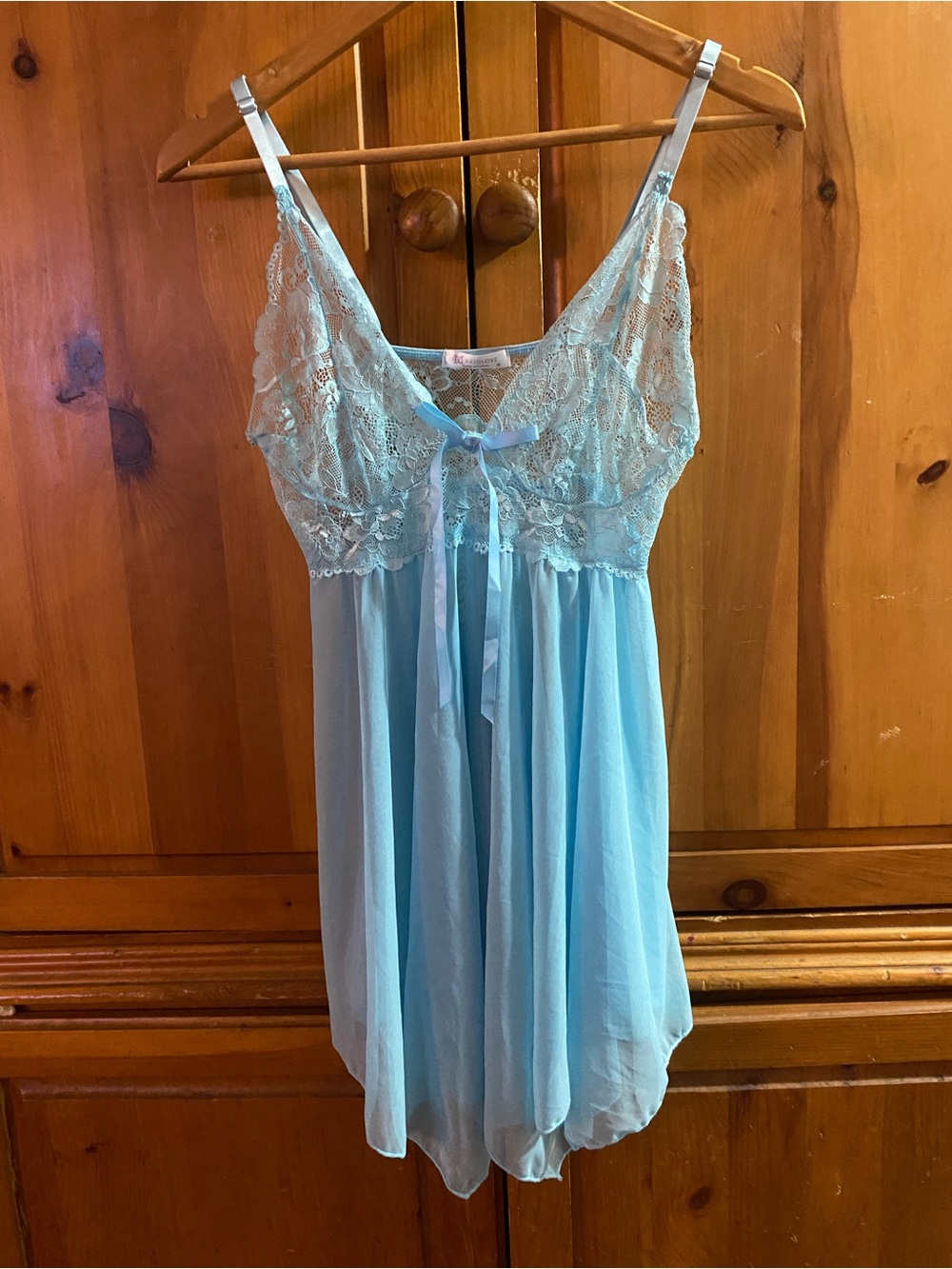 Light Blue Lace & Chiffon Chemise with Bow - Women Intimates